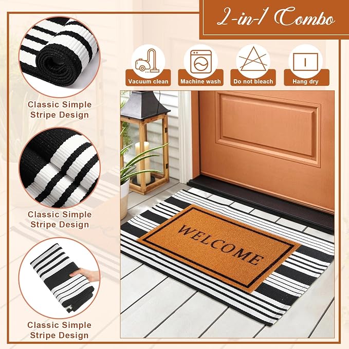 2 Pcs Outdoor Door Mat Combo Set Layered Outdoor Rug and Coir Welcome Doormat Non Slip Outside Floor Mat for Front Porch Entryway Patio Yard Decor(Welcome,24'' X 35'',24'' X 16'')