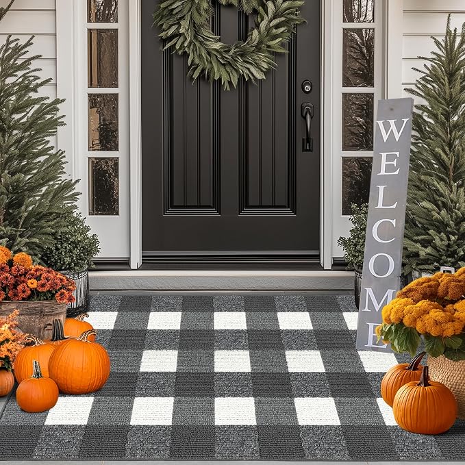 FONEYI Buffalo Plaid Outdoor Rug, 20"x59" Checkered Front Door Mat, Non Slip Absorbent Entryway Rug Doormat Indoor, Washable Outdoor Rugs for Layered Door Mats Front Porch/Farmhouse Grey and White