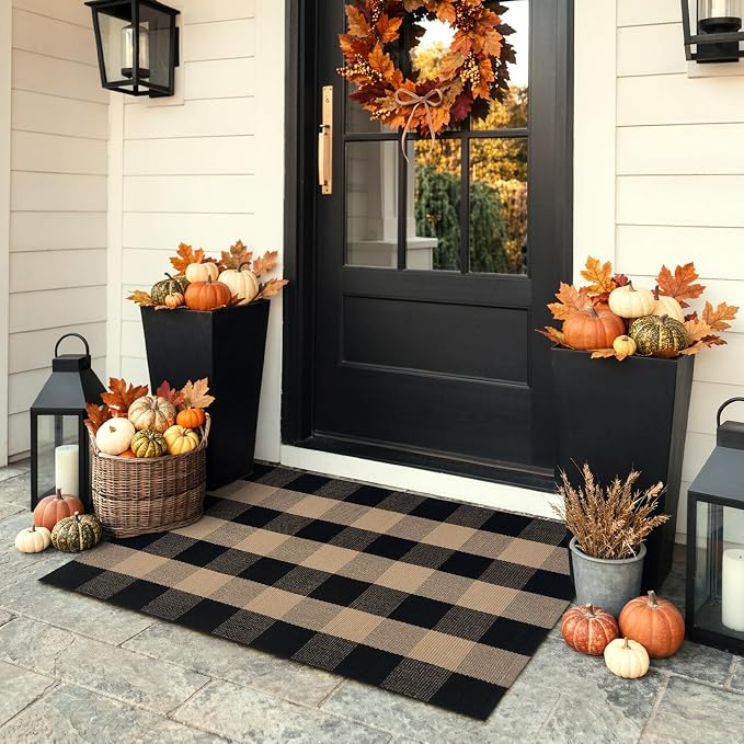 KIMODE Front Door Mat 27.5"x43",Black and Tan Checkered Outdoor Rug,Farmhouse Fall Front Porch Rug Decor,Cotton Woven Washable Layered Doormats for Front Door Outside Entrance