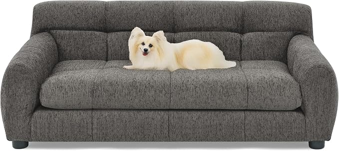 38" Dog Sofa Bed, Elevated Dog Bed with Backrest and Armrests, Soft Memory Foam Couches for Small and Medium-Sized Pets, Durable Linen Pet Couch Furniture, Dark Gray