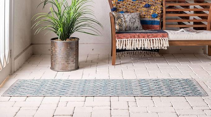 Unique Loom Outdoor Trellis Collection Area Rug - Tribal Trellis (2' x 6' 1" Runner, Light Blue/ Ivory)