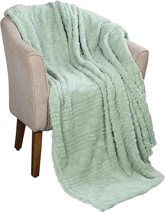 SUPERIOR Fleece Boho Jacquard Blanket, Decorative Blankets for Bedroom, Sofa, Fuzzy, Plush, Fluffy, Soft, Cute Room Decor, Beautiful Cover, Comfort Essentials, Arctic Collection, King, Sea Foam