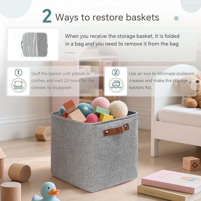 FinishingBo 11 inch Cube Storage Bin 6 Pack, Cube Organizer Bins | Fabric Storage Bins With Handles, 11x11 Storage Cubes, Shelf Basket, Gray