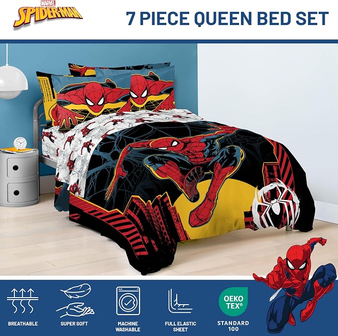 Jay Franco Kids Comforter Set Includes Sheets and Pillow Covers - Soft and Cozy Bed Set for Stylish Room Decor, Official Licensed Bedding, Black - Spiderman, 7 Piece Queen