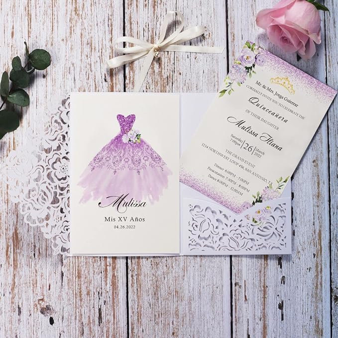 50PCS White Customized Quinceanera Invitation Cards with Envelopes 5x7.3 Inch Laser Cut Hollow Rose Pocket with Ribbon invitations for Quincenera Birthday Invite