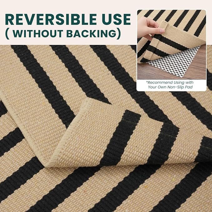 KOZYFLY 4x6 Brown and Black Striped Rug Front Door Rug Cotton Woven Washable Indoor Outdoor Rugs Entrance Layered Doormat for Front Porch Kitchen Patio Farmhouse Carpet