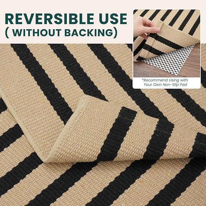 KOZYFLY Brown and Black Rug 5x7 ft Area Rug Woven Washable Striped Rugs Cotton Farmhouse Indoor Outdoor Rugs for Living Room Bedroom Dining Room Porch Patio Carpet