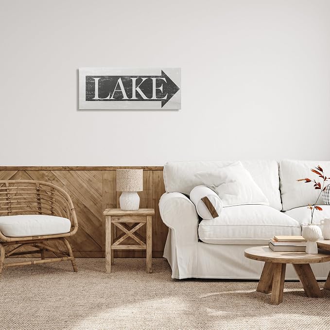 The Stupell Home Decor Collection Lake Arrow Sign Grey and White Distressed Stretched Canvas Wall Art, Multi/Color | Stupell Industries | 30 x 13 Inches, Easy to Hang and Sturdy, Made in USA, by Lil' Rue