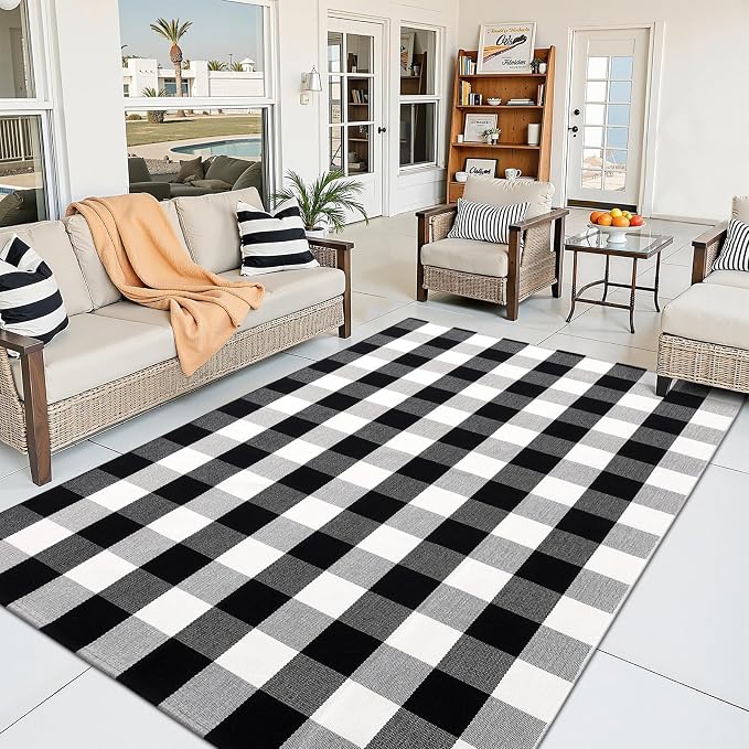 OLANLY Buffalo Plaid Rug 3' x 5' – Black and White Cotton Checkered Doormat, Washable Indoor Outdoor Rug for Layered Front Porch, Kitchen, Entryway Decor