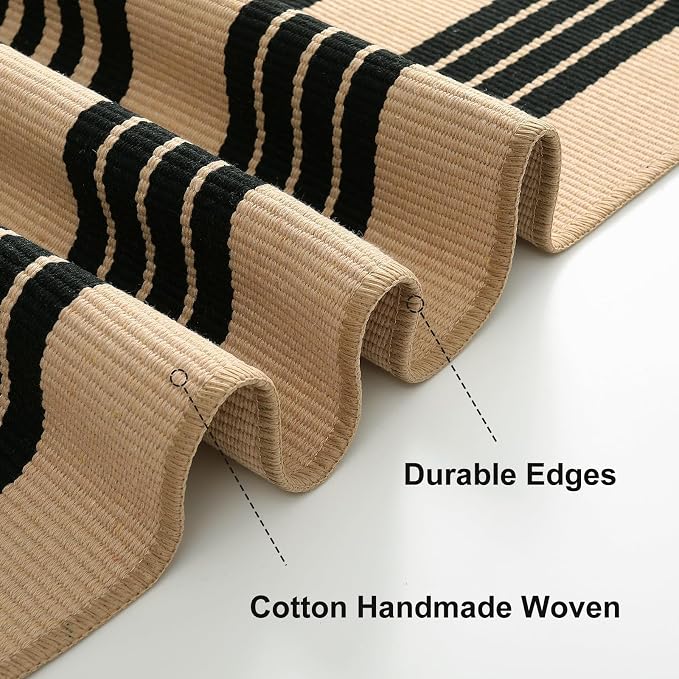 OJIA Front Door Mat 24"x35" Washable Front Porch Rug Outdoor Doormat Decor | Black and Tan Entry Rug Indoor Outdoor Rugs Doormat Cotton Woven Striped Small Area Rugs for Porch/Farmhouse/Home Entrance