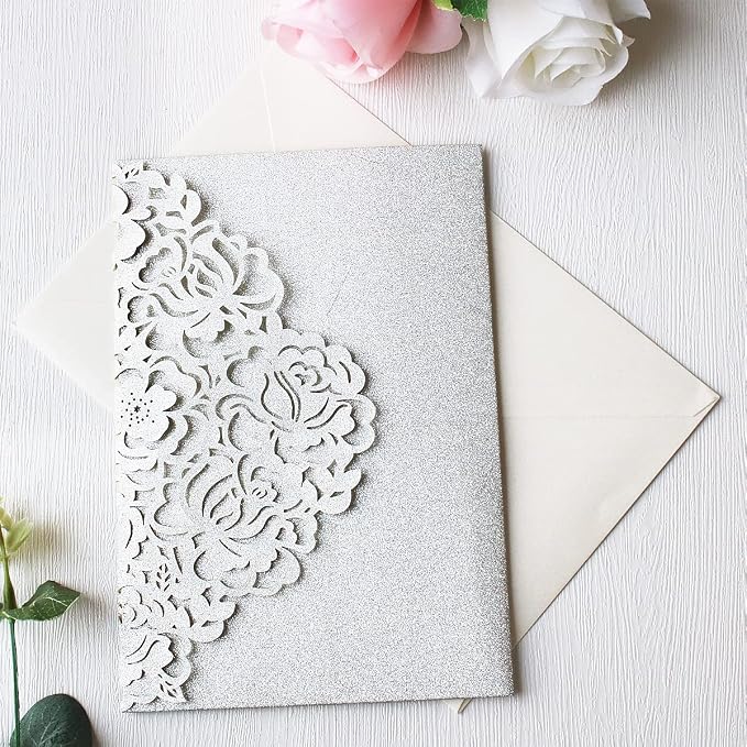 50PCS Customized Silver Laser Cut Quinceanera Invitation kit 5x7.3 Inch Hollow Rose Floral Quinceanera Invitation Cards with Envelopes for Quinceañera Birthday Invite