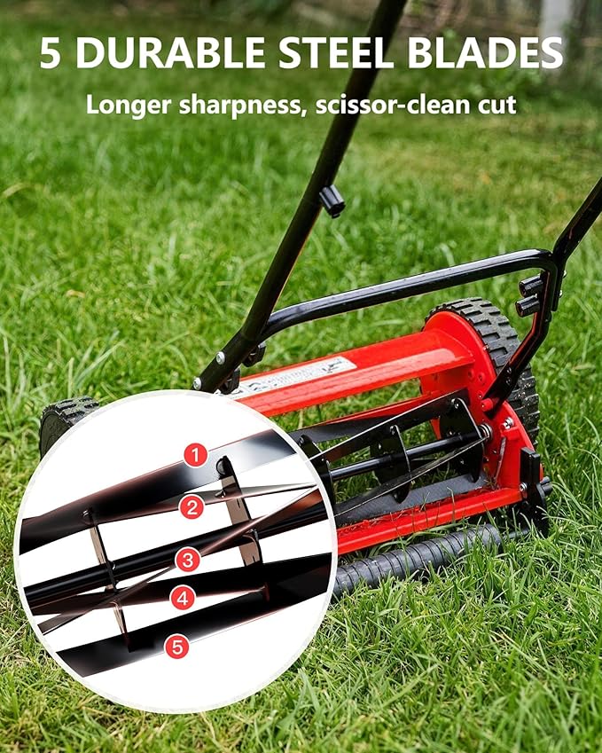 Eco-Friendly Quiet Hand Push Lawn Mower – 14-Inch 5-Blade | Lightweight, Easy Assembly – Ideal for Small to Medium Yards – Red