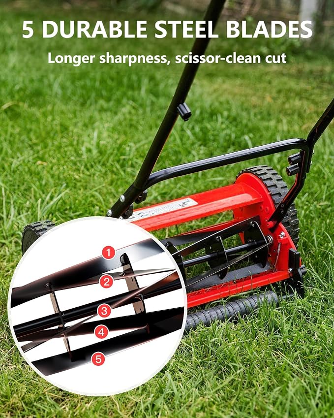 16" Hand Push Lawn Mower, Push Reel Lawn Mower for Small to Medium Yards | 5-Blade Manual Lawnmower with Adjustable Cutting Height, Manual Walk-Behind Lawn Mower for Quiet Eco-Friendly Mowing