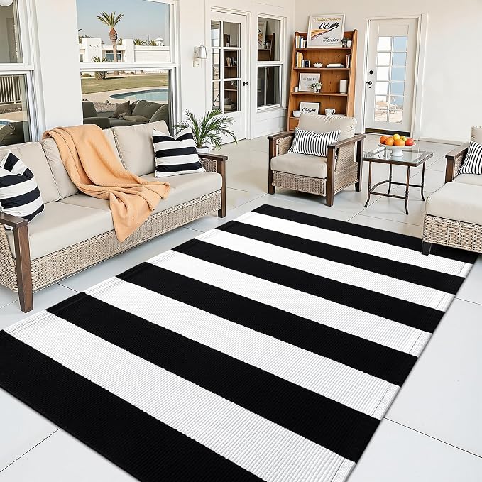 OLANLY Black and White Striped Rug 5'7" x 7'7" – Washable Cotton Indoor Outdoor Doormat for Front Door, Entryway, Kitchen, Porch, Patio Decor