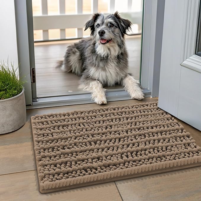Smiry Dog Door Mat for Muddy Paws 24x16, Absorbent Dirt Trapper, Non-Slip Washable Chenille Entryway Rug for Inside Floor, Camel, Layered Pattern
