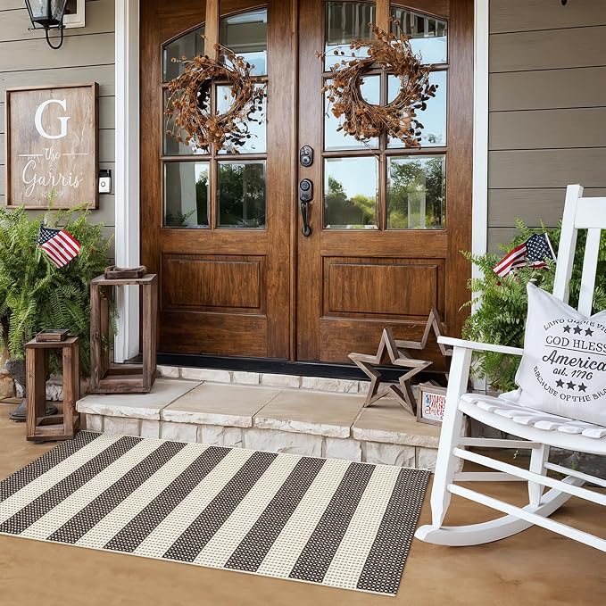 LEEVAN Outdoor Porch Rug 24"x51", Washable Front Door Mat, Spring Plaid Welcome Mat Outside Entrance, Black and White Striped Outdoor Entryway Rug, Farmhouse Buffalo Porch Layered Doormats Entry