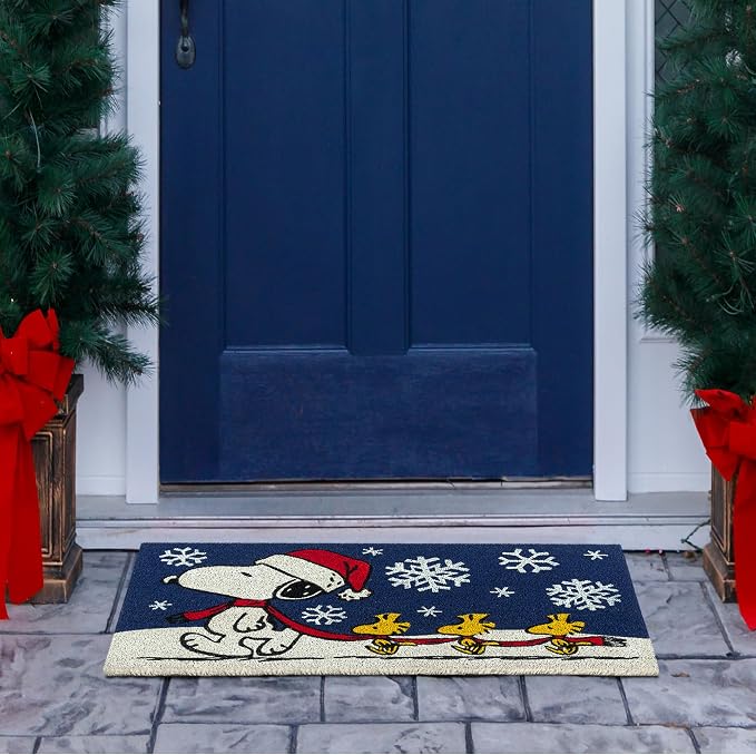 Gertmenian Peanuts Snoopy Coir Doormat - 2x3 Welcome Mat (2-Pack), Ideal for High Traffic Areas in Front Door, Garage, Entryway - Snowflake/Dog House Lights, 80004