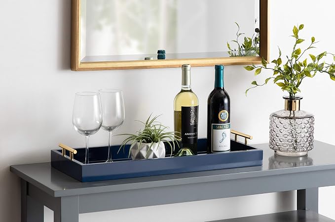 Kate and Laurel Lipton Narrow Decorative Tray with Polished Metal Handles, 10" x 24", Navy Blue and Gold, Chic Accent Tray for Display and Storage