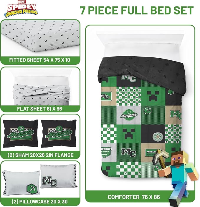 Minecraft Creeper Full Size Comforter Set 7 Piece Kids Bedding, Multi | Zombie Enderman, Comforter Sheets Shams Pillowcases, Official Product, Soft Microfiber, Machine Washable, Boys Gift