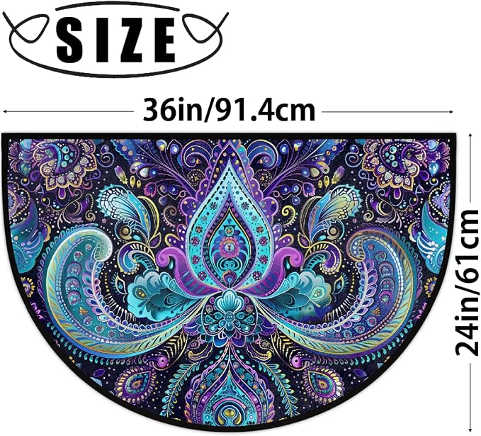Paisley Half Round Doormat Non-Slip Semi Circle Rug Half Moon Mat | Trippy Blue Abstract Washable Soft Absorbent Indoor Outdoor Entrance Kitchen Bathroom Sink Patio Welcome Fireplace Floor Rug