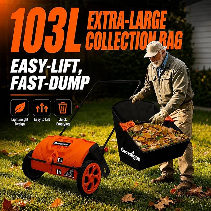 Grasstigon 21-Inch Manual Push Lawn Sweeper, Leaf Collector for Grass Clippings, Leaves & Debris, Leaf Picker Upper with Large 3.64 ft³ Hopper, Durable Wheels, Orange & Black
