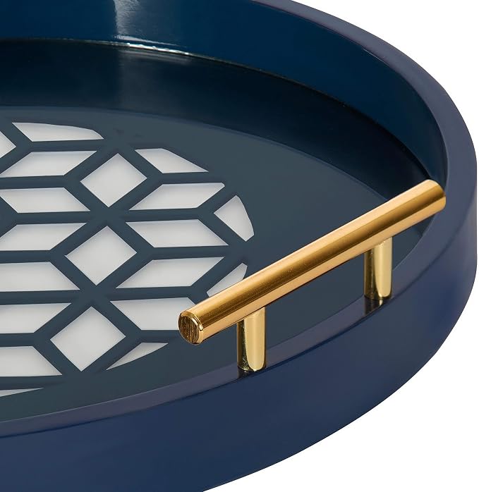 Kate and Laurel Caspen Round Cut Out Pattern Decorative Tray with Gold Metal Handles, 15.5", Navy and Gold