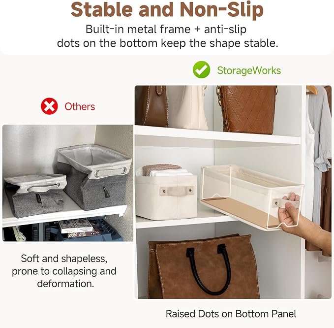 StorageWorks Narrow Storage Bins, Small Basket for Closet and Shelves, Fabric Organizer with Handles, Toilet Paper Storage, Beige, Cool Cotton, 2-Pack