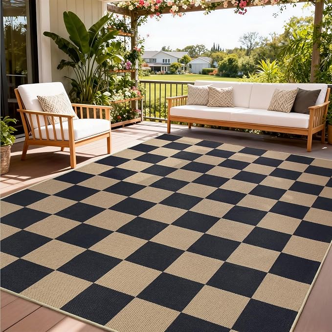 EDIMENS Checkered Easy Jute 5x7 Outdoor Rug Washable Living Room Area Rugs | Black Non Slip Outdoor Patio Rug Diamond Indoor Black Farmhouse Geometric Carpet for Backyard Front Porch Balcony