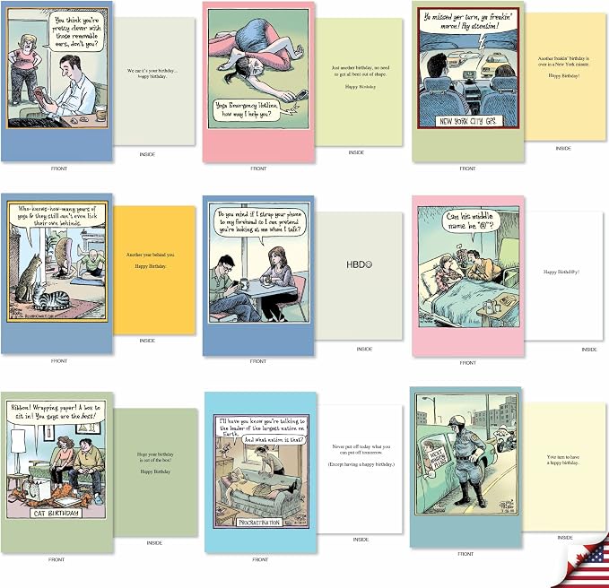 NobleWorks - 36 Assorted Funny Birthday Greeting Cards Bulk Box Set w/Envelopes (36 Designs, 1 Each) engaging B-day Cartoon Humor Bulk Variety Pack for Men and Women - A Bizarro Bash AC9376BDG-B1x36