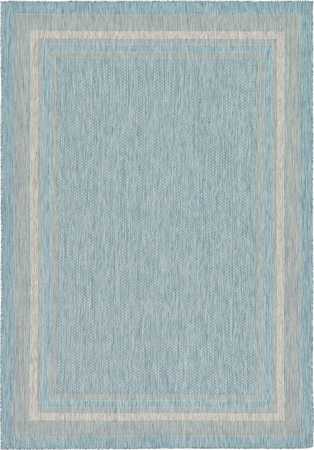 Unique Loom Outdoor Border Collection Area Rug - Soft Border (7' 1" x 10' Rectangle, Aquamarine/ Ivory)