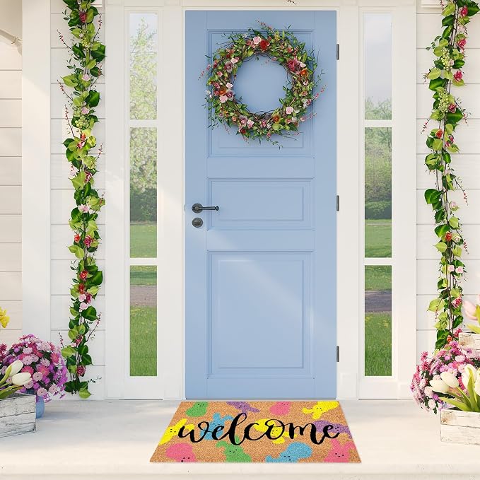 JarThenaAMCS Easter Natural Coir Doormat Colorful Bunny Rabbit Floor Mat Non-Slip Entrance Door Rugs for Indoor Outdoor Home Bathroom Decor, 16.5 x 29 Inch