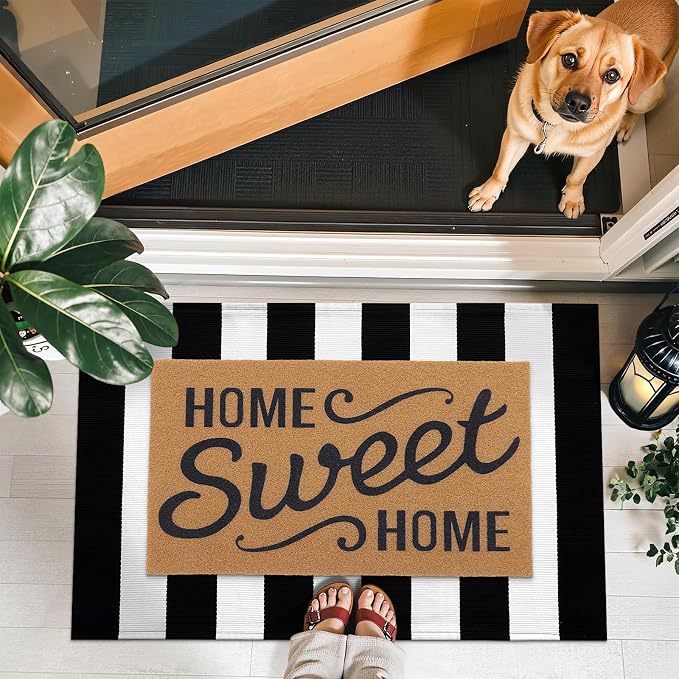 OLANLY Black and White Striped Rug 2' x 3' (24" x 36") – Washable Cotton Indoor Outdoor Doormat for Front Door, Entryway, Kitchen, Porch, Patio Decor