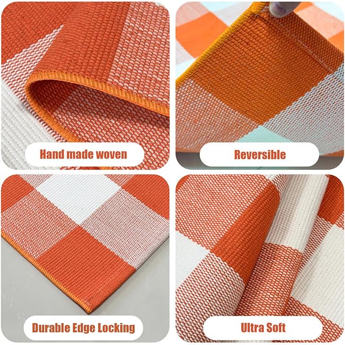 USTIDE Buffalo Plaid Outdoor Rug 3'x5' Orange White Washable Checkered Area Rug for Porch, Deck, Balcony, Camping, Farmhouse Outdoor Decor