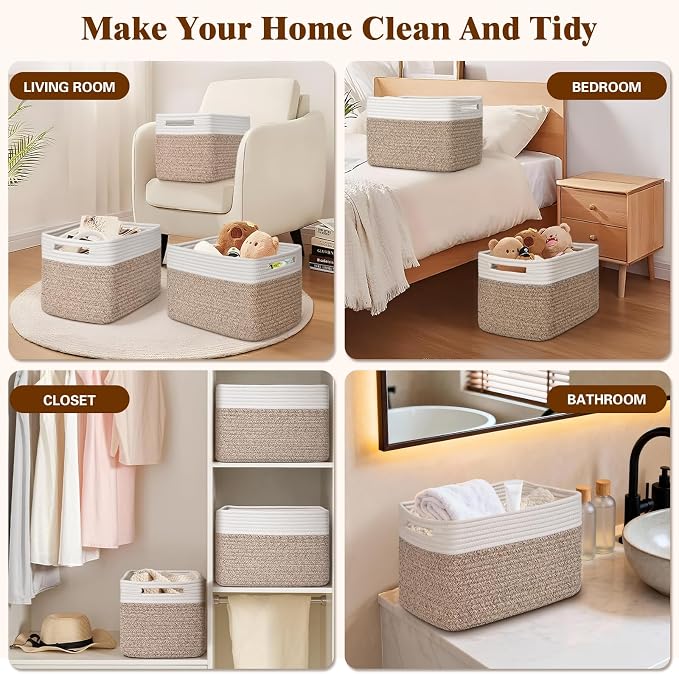 Storage Baskets for Organizing, 4 Pack Baskets for Shelves, Decorative Storage Bins for Shelves, Cotton Rope Storage Basket with Handles, Woven Basket for Storage, 13''Lx8.7''Wx7.9''H, White & Brown