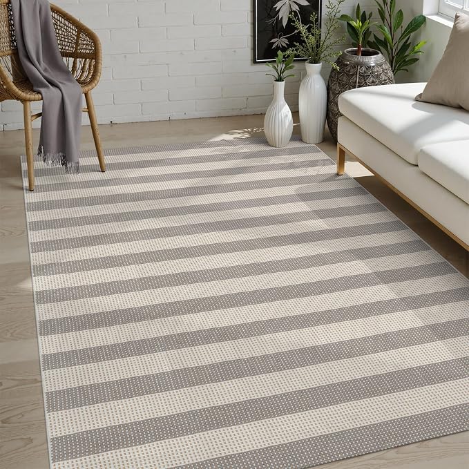 OJIA Outdoor Rug 5'x7' Striped Patio Rug Washable Indoor Outdoor Carpet | Cotton Woven Outside Rug Farmhouse Enrtyway Rug Large Area Rugs for Camping Living Room Bedroom Backyard Gray/White/Tan