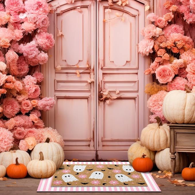 Tinideya 2 Pcs Pink Halloween Layered Doormat Set, Ghost Coir Doormat with Pink White Striped Rug, Cute Halloween Welcome Mats for Front Door Porch Entryway Outdoor Fall Decor