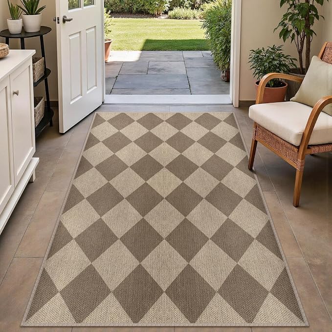 Rugalia Easy Jute Small Outdoor Patio Rug, 3x5 Brown Checkered Entryway Rug Washable Modern Diamond Kitchen Rugs, Non-Slip Neutral Farmhouse Throw Carpet for Living Room Porch Backyard