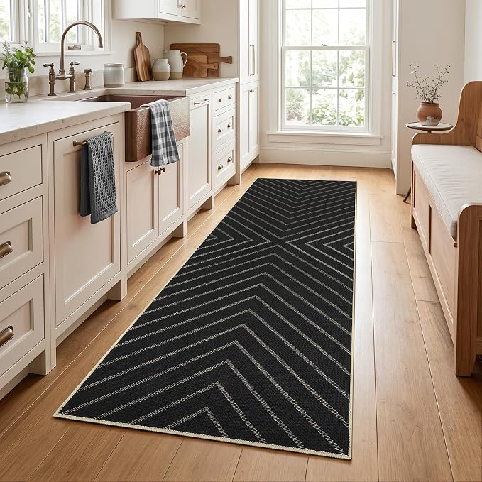 Garvee Easy Jute Rug 2x6 Runner Rug, Hallway Runner Stain Resistant Low Pile Thin Non Shedding Pet Friendly Carpet for Entrance Kithchen Bathroom Porch Striped Minimalism Area Rug 2'x6' Black