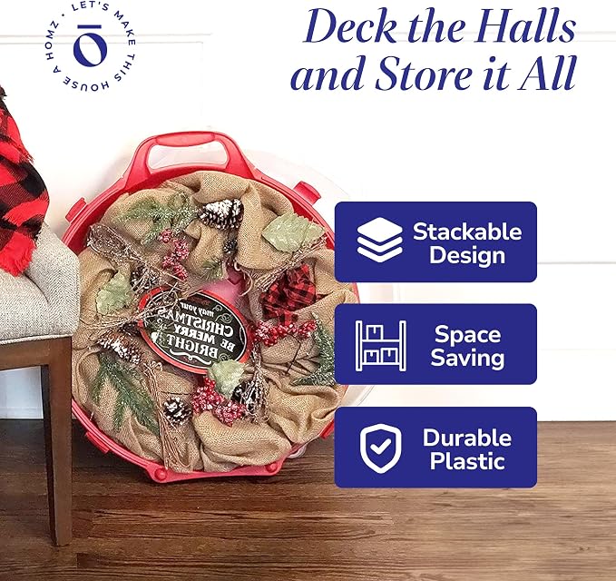 HOMZ Set of 3 Holiday Wreath Plastic Storage Containers, Holds Up to 24” Diameter, Secure Latching Lid and Easy Grip Handle, Stackable and Nestable, Red/Clear | Stackable Seasonal Decoration Organizer Bins with Lids and Handles for Christmas Wreaths an...