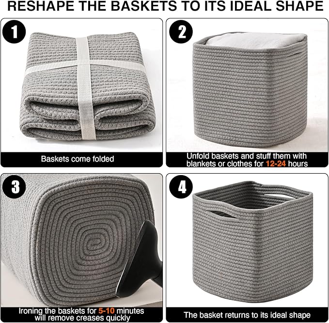 ICERZCZ 13 Inch Cube Closet Storage Bins, Woven Cotton Rope Organizer Baskets for Organizing & Shelves, Books, Towels, Clothes, Toys, 13x13x13 in, Grey (Pack of 3)