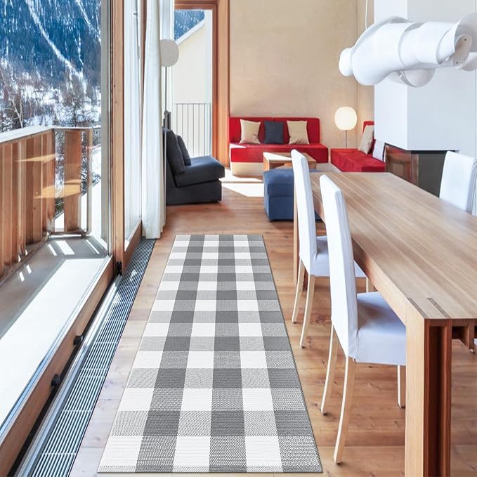 Buffalo Plaid Runner Rug 2x6 Feet Grey and White Checkered Runner Rug Cotton Woven Farmhouse Floor Mat Washable Rugs for Hallway Kitchen Laundry Bedroom Living Room