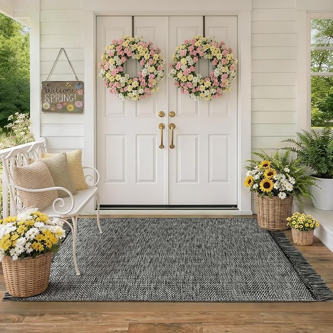 Collive 3' x 5' Indoor Outdoor Rug, Modern Farmhouse Entryway Rug Boho Porch Rugs, Black Hand-Woven Washable Kitchen Mats Front Door Mat for Patio Bedside Nursery Decor