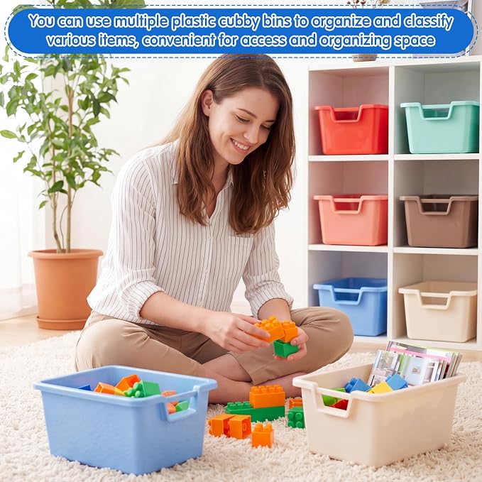 Thyle 12 Pieces Plastic Cubby Bins with Labels Classroom Book Bins Stackable Storage Container Durable Toy Storage Organizer Baskets for School Classroom Office (Handle,Morandi Color2)