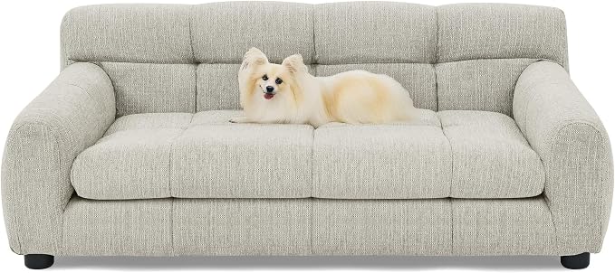 38" Dog Sofa Bed, Elevated Dog Bed with Backrest and Armrests, Soft Memory Foam Couches for Small and Medium-Sized Pets, Durable Linen Pet Couch Furniture, Beige