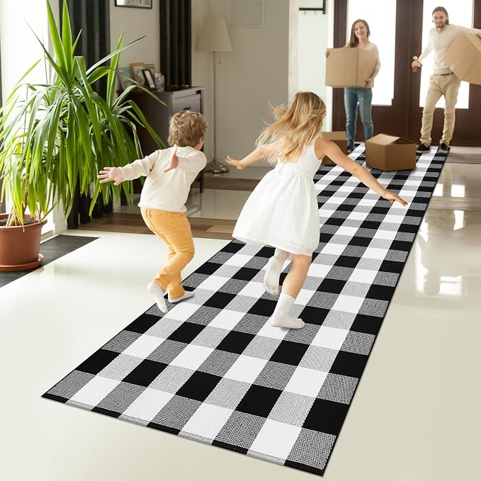 Buffalo Plaid Runner Rug 3x10 Feet Black and White Checkered Runner Rug Cotton Woven Farmhouse Floor Mat Washable Rugs for Hallway Kitchen Laundry Bedroom Living Room