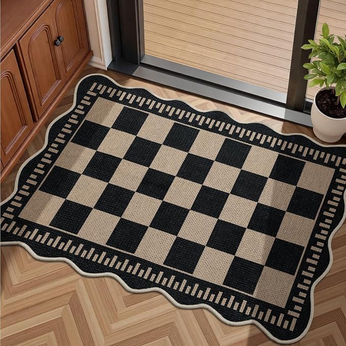 EDIMENS 2x3 Front Door Mat Easy Jute Scalloped Doormat Small Entryway Rug | Checkered Non-Slip Washable Area Rug Low Pile Black Indoor Outdoor Farmhouse for Entrance Entry Front Porch Doorway
