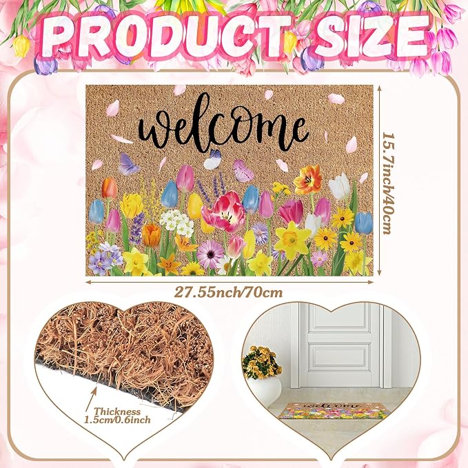 Ceenna Spring Welcome Doormat Outdoor Tulips Flower Coir Doormat Spring Front Door Mat with Non Slip Backing Front Porch Rugs Outdoor Decor for Home Entrance, 16 x 28 Inches