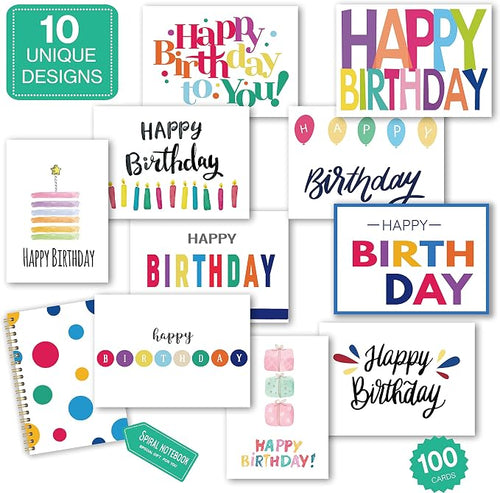 100 Birthday Cards, Happy Birthday Cards Bulk with Short Message Inside, 5x7 Inch Thick Card Stock Assorted Birthday Cards with Envelopes,10 Unique Designs for Men and Women.