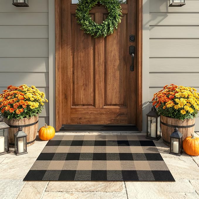 OJIA Buffalo Plaid Rug 24"x36" Fall Front Door Mat Outdoor Rug Welcome Mats | Black Tan Washable Outdoor Porch Rug Welcome Mat Indoor Outdoor Doormat Outside Door Mats for Entrance Entry Farmhouse Decor
