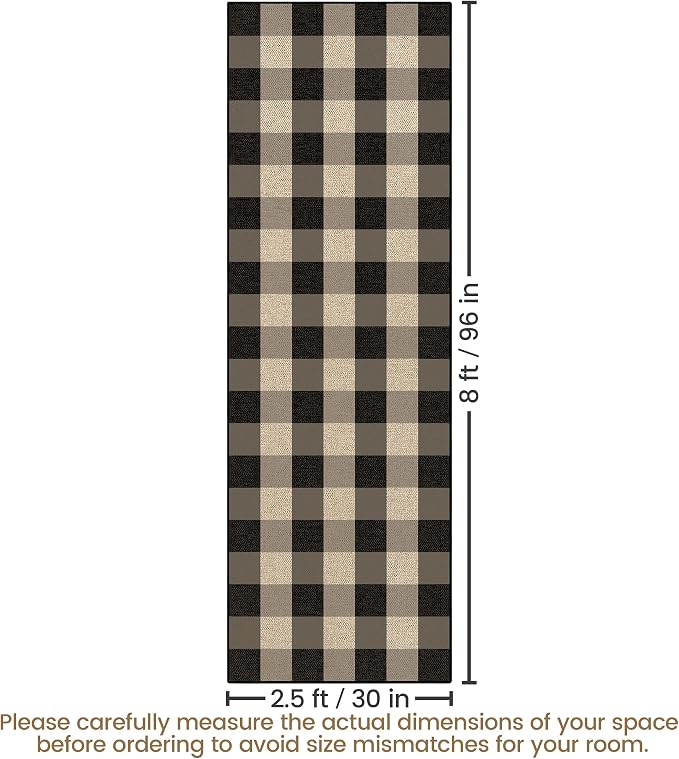 Washable Checkered Easy Jute Runner Rug 2x8, Black Grey Plaid Checkerboard Boho Outdoor Indoor Patio Rug, Woven Non Slip Thin Neutral Long Runner Carpet for Hallway Kitchen 6ft Entryway Porch